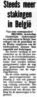 Stakingen overspoelen België als reactie op zware bezuinigingen door de regering Martens (Nederlandse krant: De Telegraaf - 15 mei 1986)